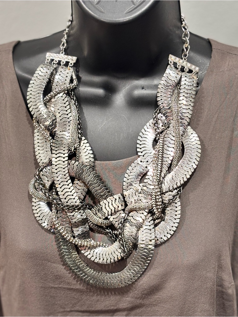 Chunky Silver Braided Statement Necklace